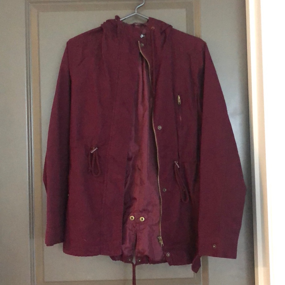 Maroon military style utility zip up jacket hoodie